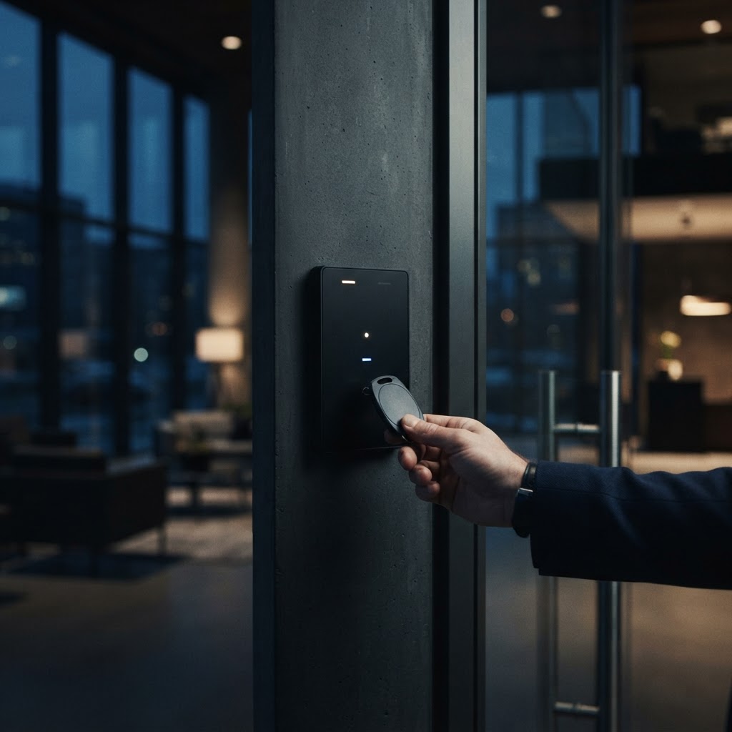 Card reader access control panel installed by The Service Shed beside an office door